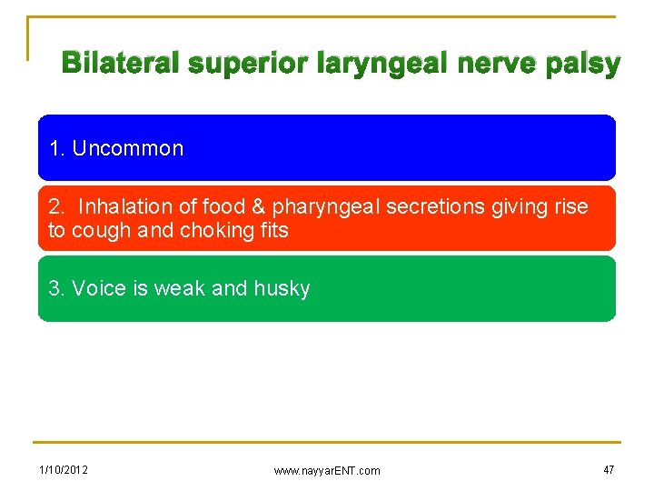 Bilateral superior laryngeal nerve palsy 1. Uncommon 2. Inhalation of food & pharyngeal secretions