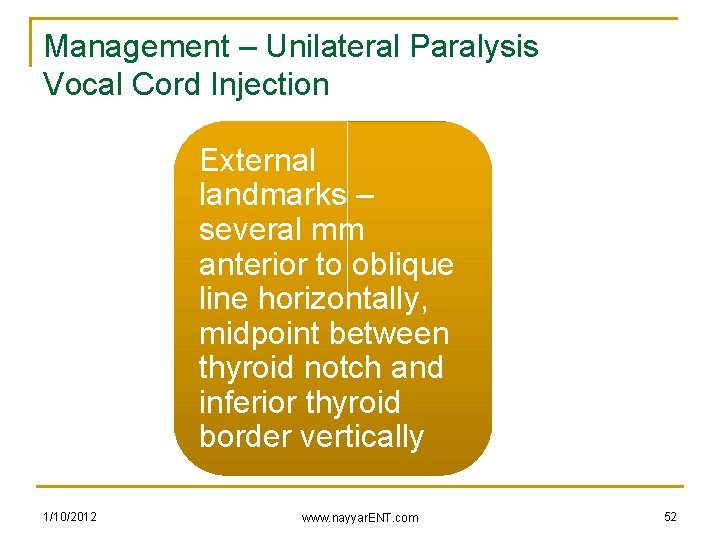 Management – Unilateral Paralysis Vocal Cord Injection External landmarks – several mm anterior to