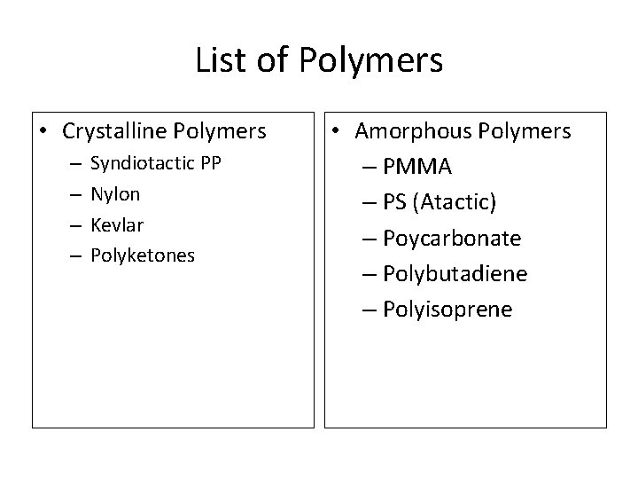 List of Polymers • Crystalline Polymers – – Syndiotactic PP Nylon Kevlar Polyketones •