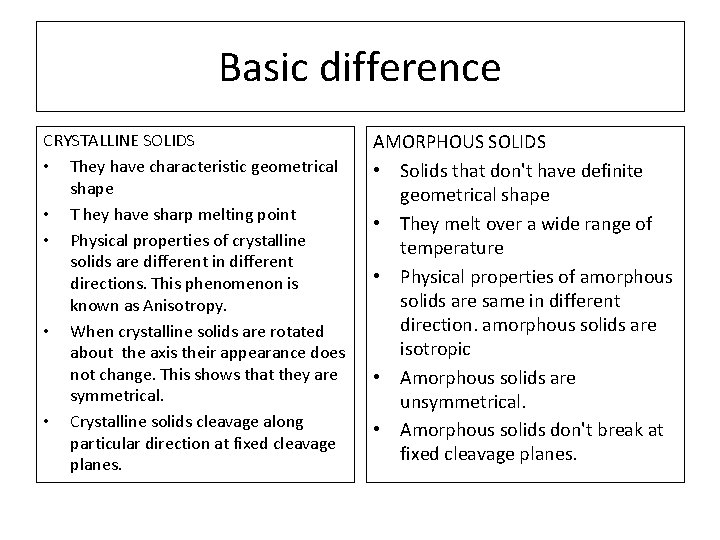 Basic difference CRYSTALLINE SOLIDS • They have characteristic geometrical shape • T hey have