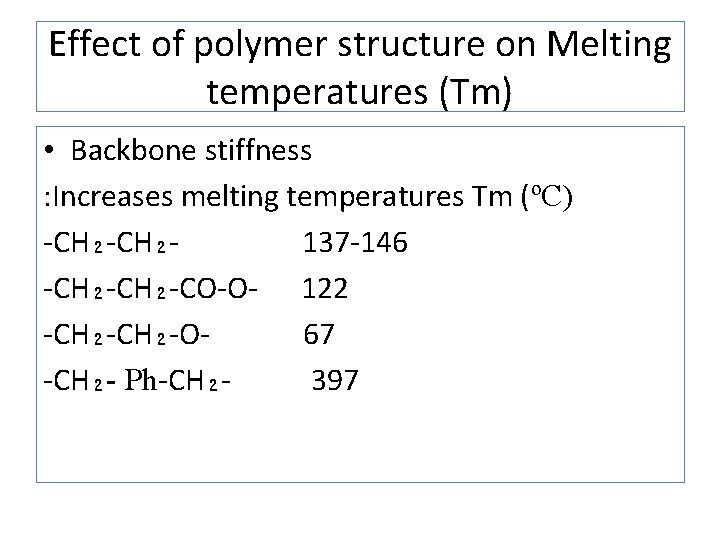 Effect of polymer structure on Melting temperatures (Tm) • Backbone stiffness : Increases melting