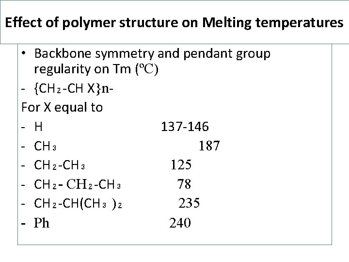 Effect of polymer structure on Melting temperatures • Backbone symmetry and pendant group regularity