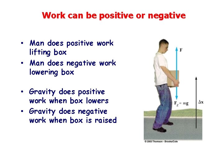 Work can be positive or negative • Man does positive work lifting box •