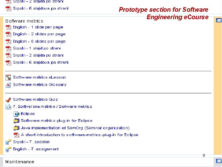 Prototype section for Software Engineering e. Courses 9 