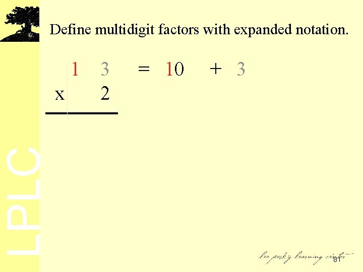 LPLC Define multidigit factors with expanded notation. 1 3 x 2 = 10 +