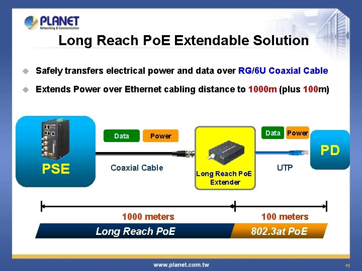 Long Reach Po. E Extendable Solution u Safely transfers electrical power and data over