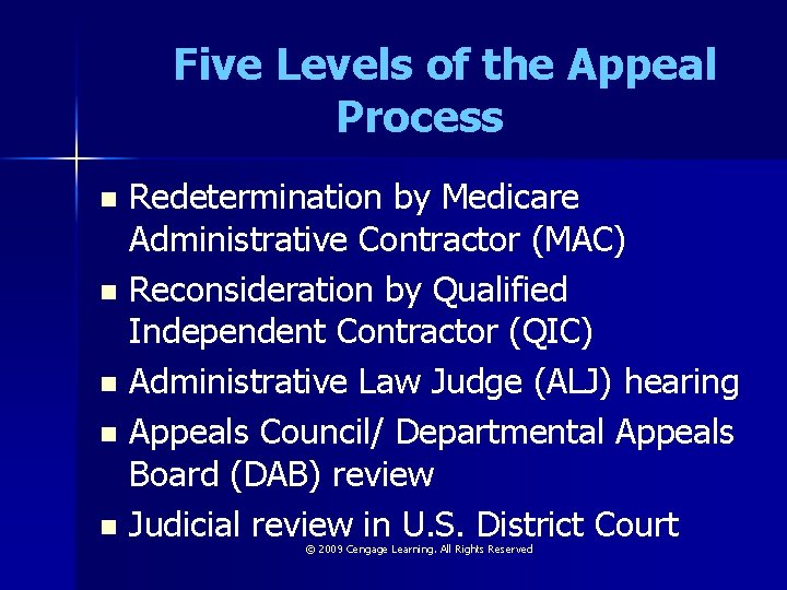 Five Levels of the Appeal Process Redetermination by Medicare Administrative Contractor (MAC) n Reconsideration