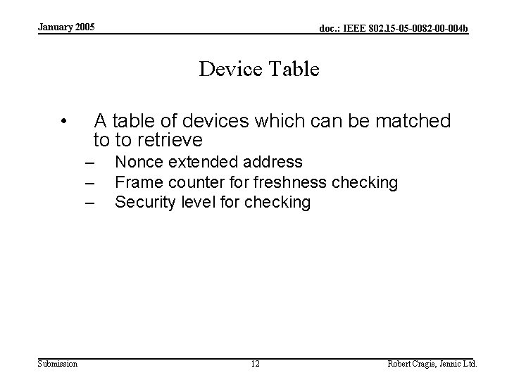 January 2005 doc. : IEEE 802. 15 -05 -0082 -00 -004 b Device Table