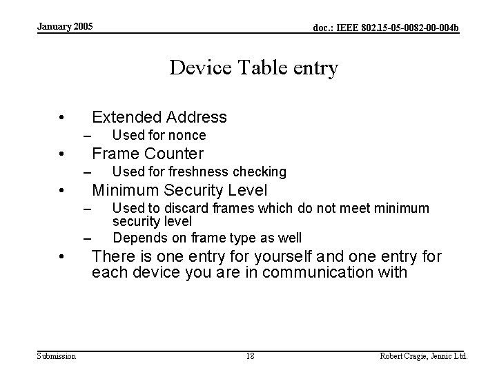 January 2005 doc. : IEEE 802. 15 -05 -0082 -00 -004 b Device Table