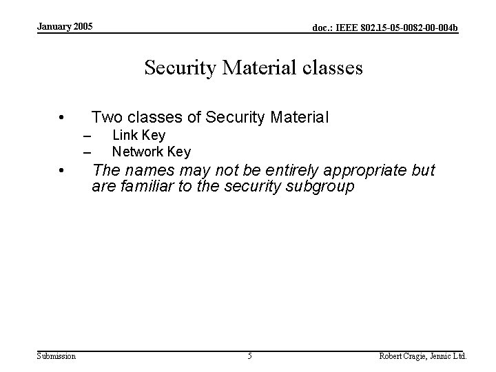 January 2005 doc. : IEEE 802. 15 -05 -0082 -00 -004 b Security Material