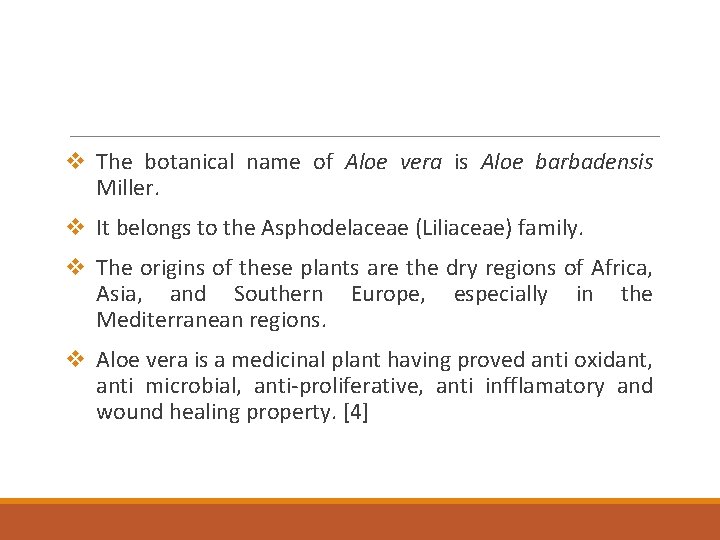 v The botanical name of Aloe vera is Aloe barbadensis Miller. v It belongs v The botanical name of Aloe vera is Aloe barbadensis Miller. v It belongs