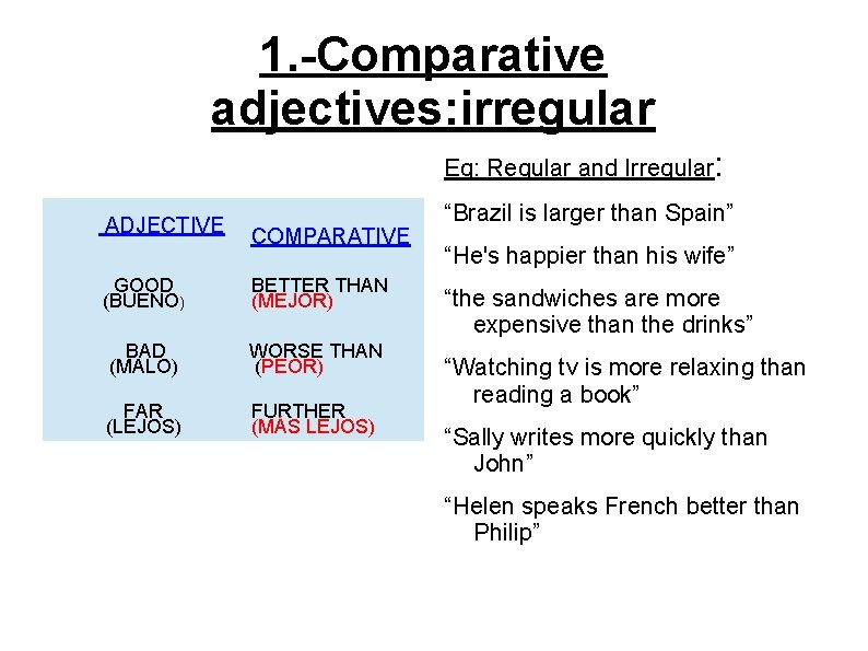 1. -Comparative adjectives: irregular Eg: Regular and Irregular: ADJECTIVE COMPARATIVE GOOD (BUENO) BETTER THAN