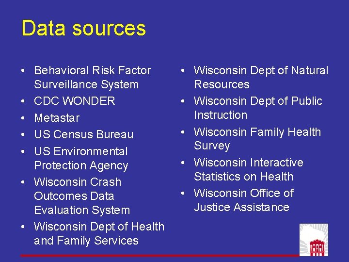 Data sources • Behavioral Risk Factor Surveillance System • CDC WONDER • Metastar • Data sources • Behavioral Risk Factor Surveillance System • CDC WONDER • Metastar •