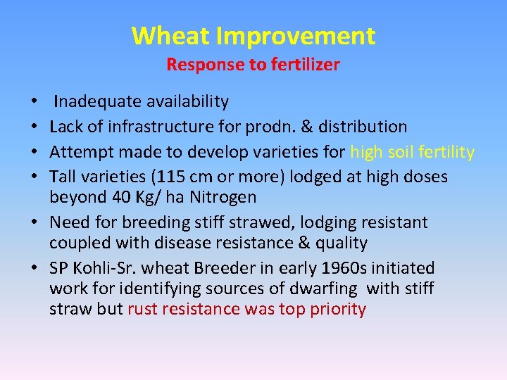 Wheat Improvement Response to fertilizer Inadequate availability Lack of infrastructure for prodn. & distribution