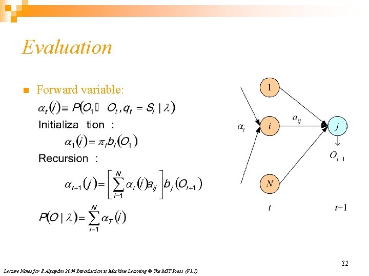 Evaluation n Forward variable: 12 Lecture Notes for E Alpaydın 2004 Introduction to Machine