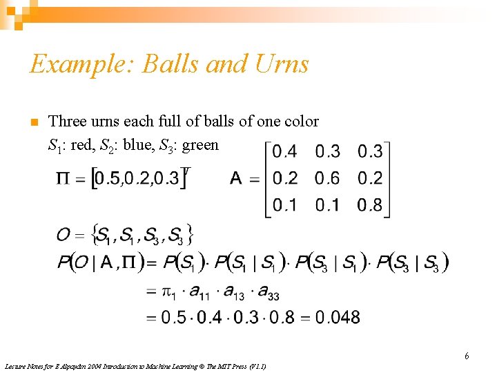 Example: Balls and Urns n Three urns each full of balls of one color