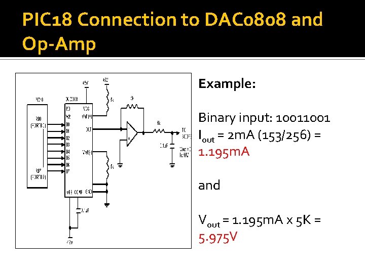 PIC 18 Connection to DAC 0808 and Op-Amp Example: Binary input: 1001 Iout =