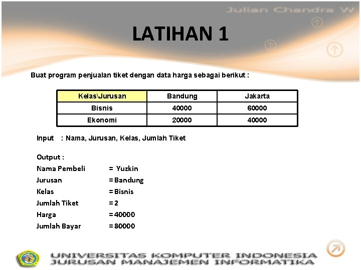 LATIHAN 1 Buat program penjualan tiket dengan data harga sebagai berikut : Input KelasJurusan