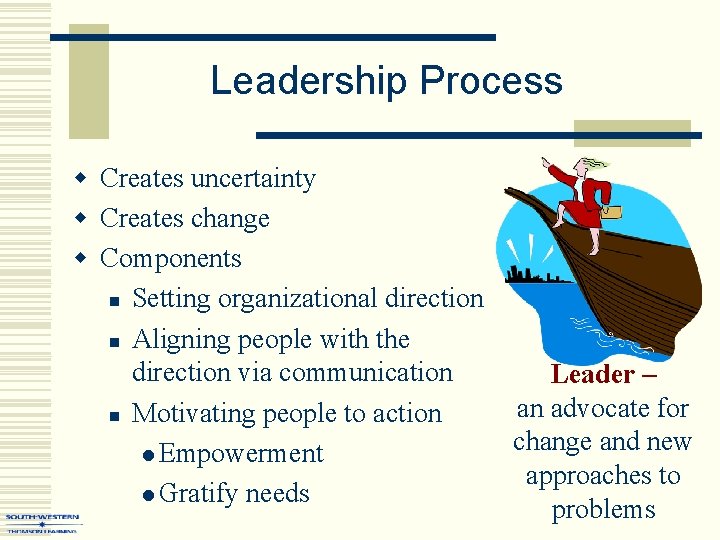 Leadership Process w Creates uncertainty w Creates change w Components n Setting organizational direction Leadership Process w Creates uncertainty w Creates change w Components n Setting organizational direction
