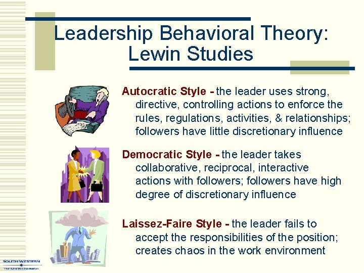 Leadership Behavioral Theory: Lewin Studies Autocratic Style - the leader uses strong, directive, controlling Leadership Behavioral Theory: Lewin Studies Autocratic Style - the leader uses strong, directive, controlling