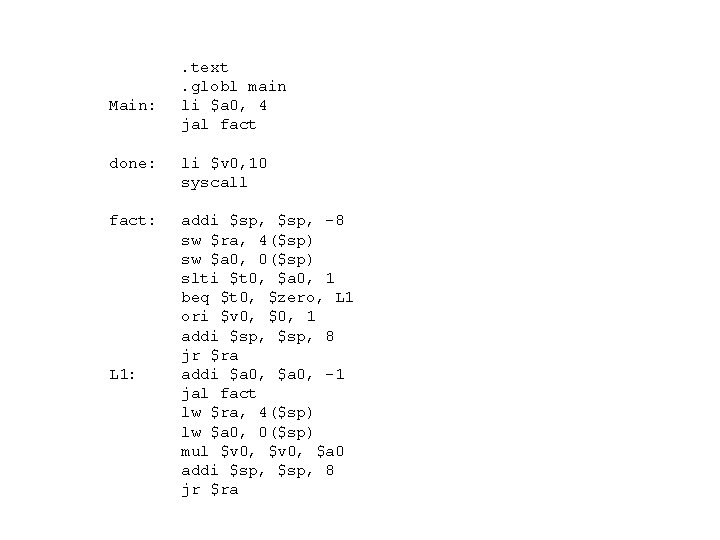 Main: . text. globl main li $a 0, 4 jal fact done: li $v