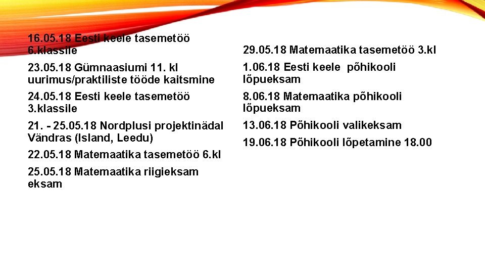 16. 05. 18 Eesti keele tasemetöö 6. klassile 29. 05. 18 Matemaatika tasemetöö 3.