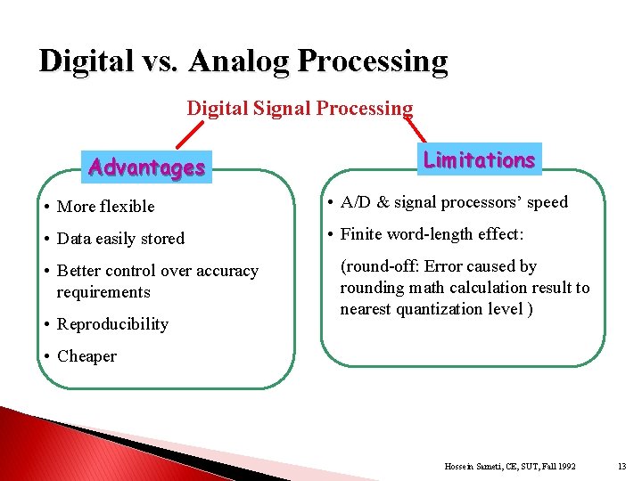 Digital vs. Analog Processing Digital Signal Processing Advantages Limitations • More flexible • A/D