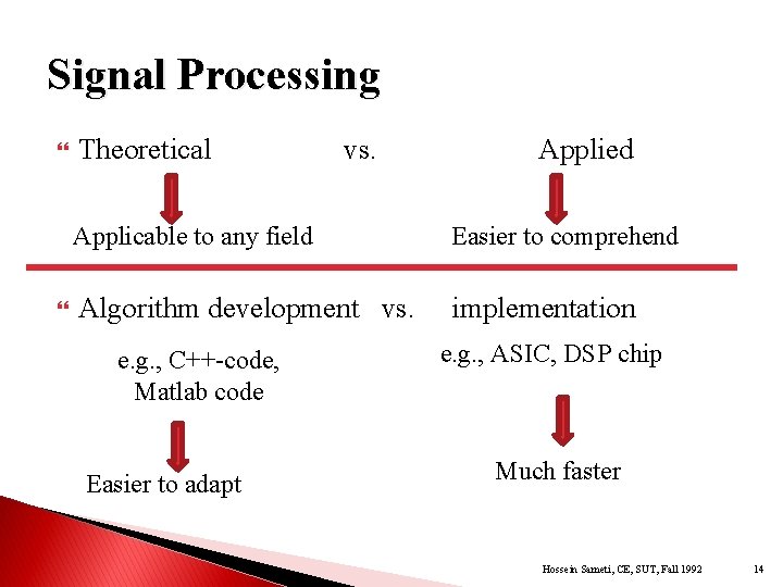 Signal Processing Theoretical vs. Applied Applicable to any field Easier to comprehend Algorithm development