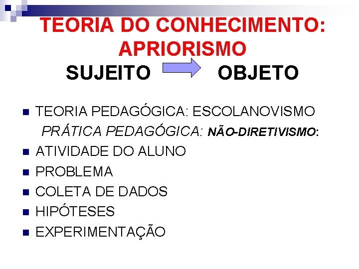 TEORIA DO CONHECIMENTO: APRIORISMO SUJEITO OBJETO n n n TEORIA PEDAGÓGICA: ESCOLANOVISMO PRÁTICA PEDAGÓGICA: