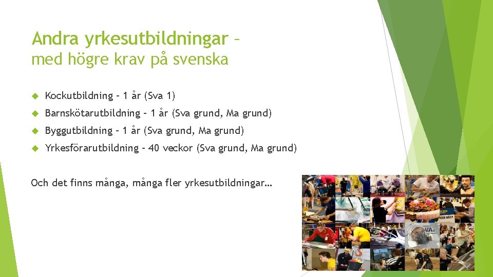 Andra yrkesutbildningar – med högre krav på svenska Kockutbildning – 1 år (Sva 1)