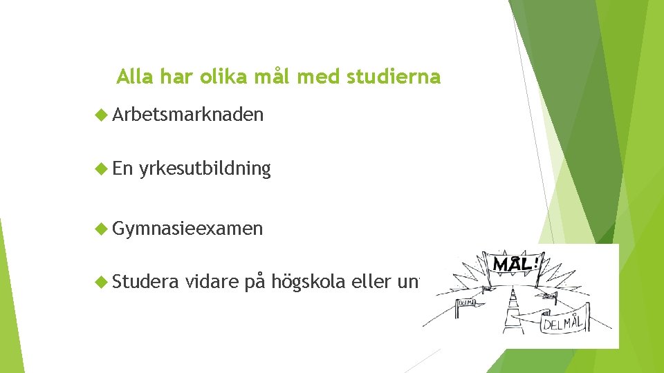 Alla har olika mål med studierna Arbetsmarknaden En yrkesutbildning Gymnasieexamen Studera vidare på högskola