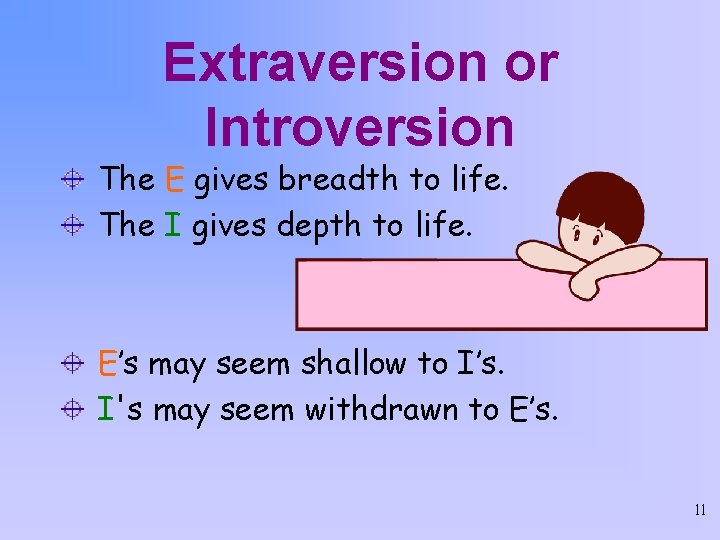 Extraversion or Introversion The E gives breadth to life. The I gives depth to