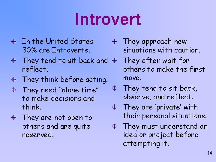 Introvert In the United States 30% are Introverts. They tend to sit back and