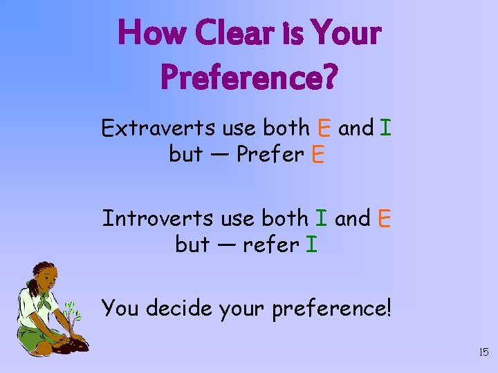 How Clear is Your Preference? Extraverts use both E and I but — Prefer