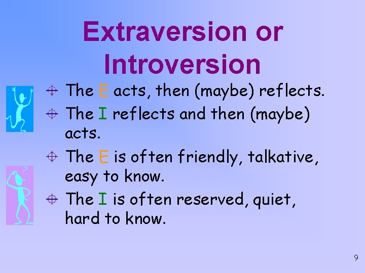 Extraversion or Introversion The E acts, then (maybe) reflects. The I reflects and then