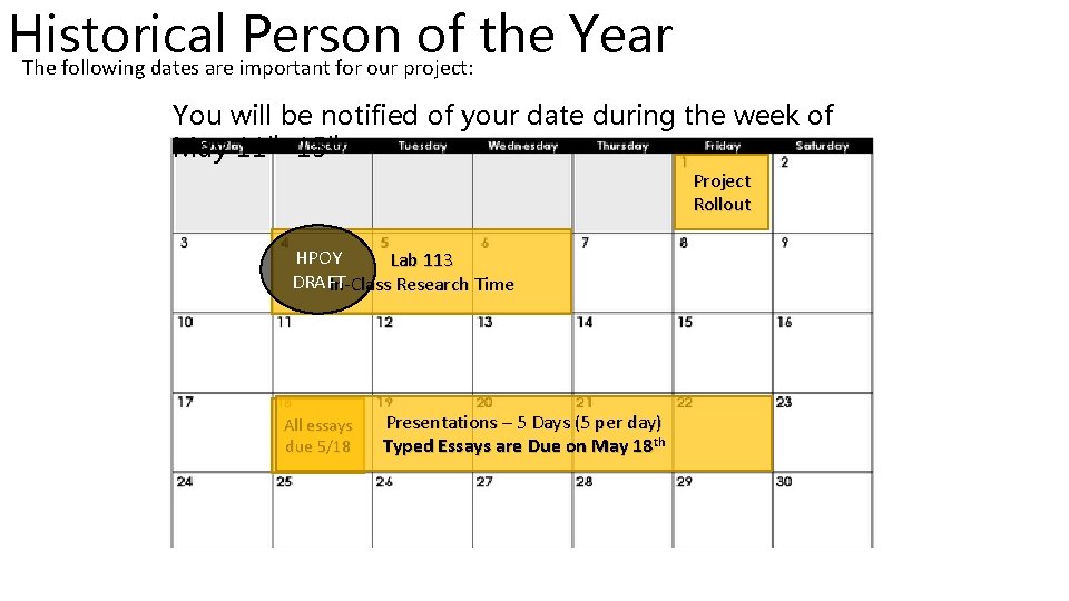 Historical Person of the Year The following dates are important for our project: You