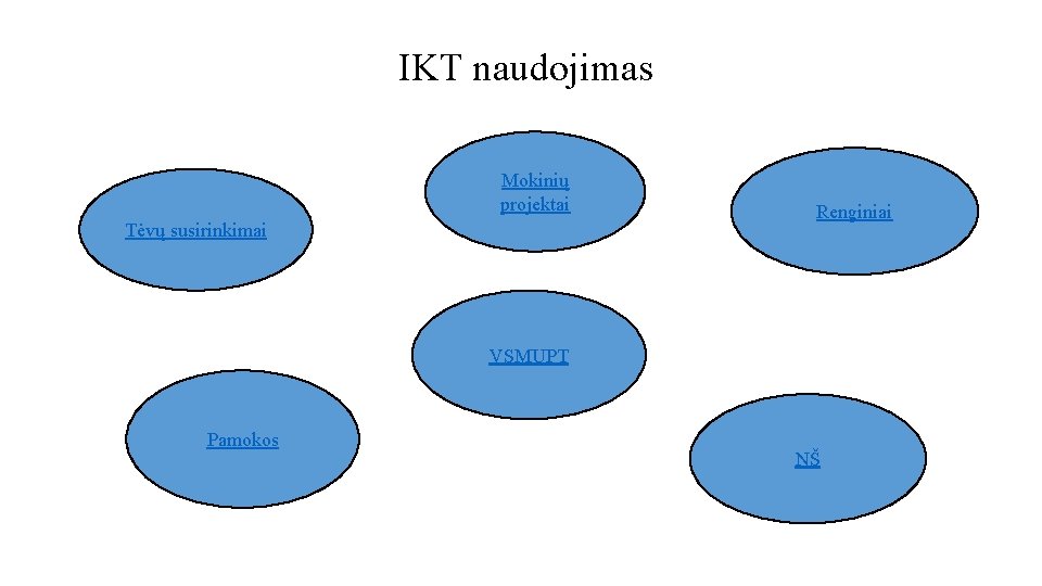 IKT naudojimas Mokinių projektai Tėvų susirinkimai Renginiai VSMUPT Pamokos NŠ 