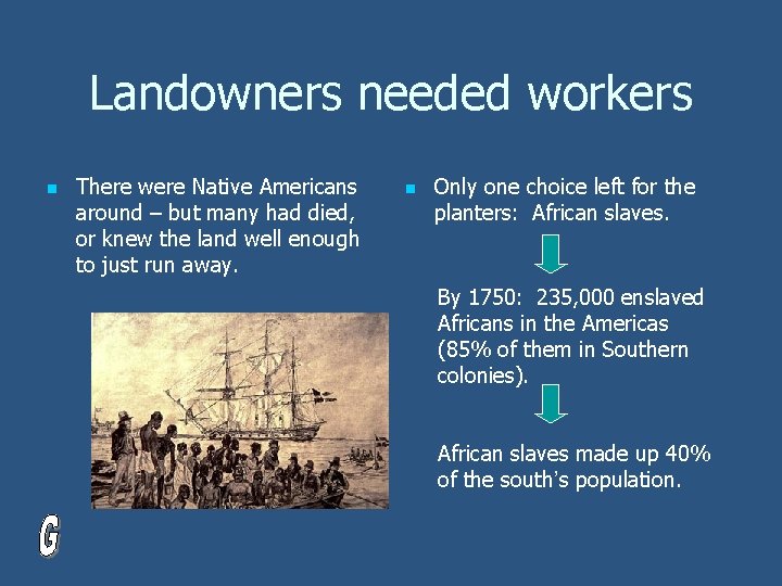 Landowners needed workers n There were Native Americans around – but many had died,