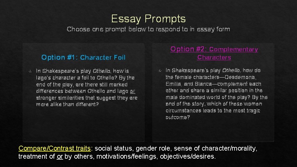 Essay Prompts Choose one prompt below to respond to in essay form Option #2: