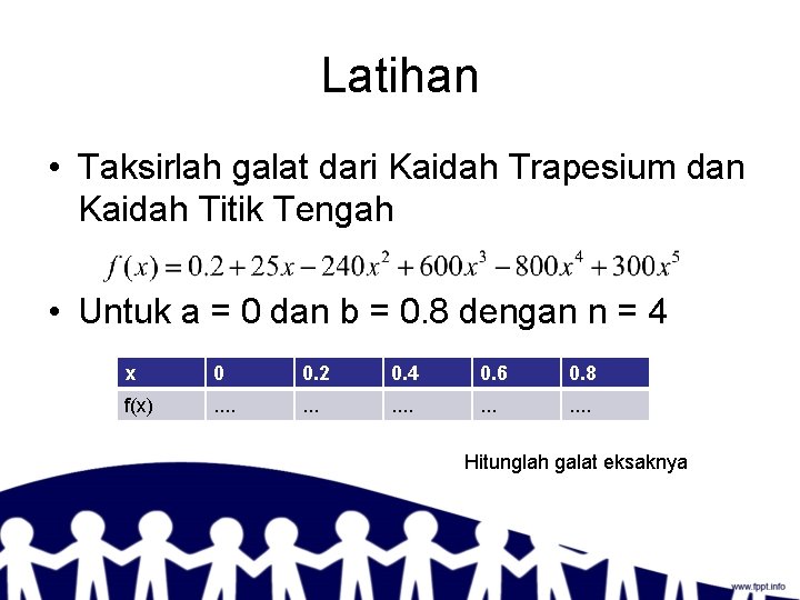 Latihan • Taksirlah galat dari Kaidah Trapesium dan Kaidah Titik Tengah • Untuk a