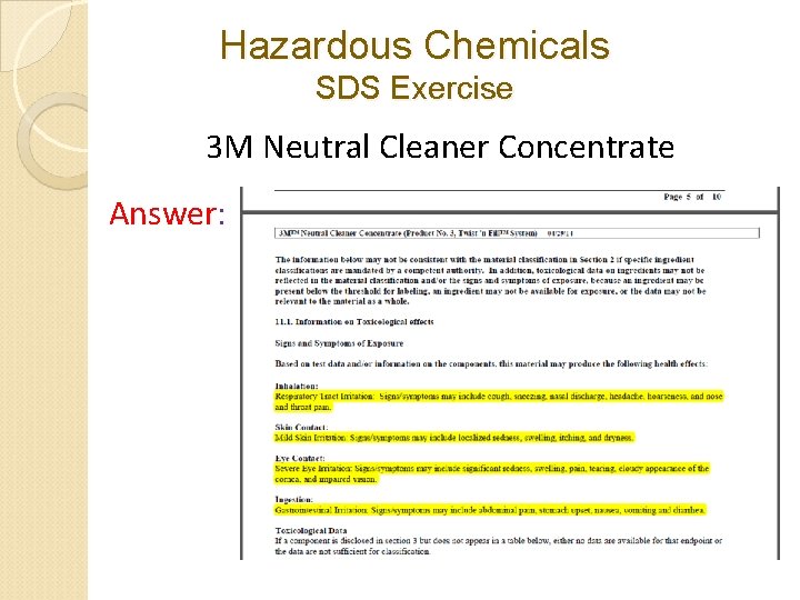 Hazardous Chemicals SDS Exercise 3 M Neutral Cleaner Concentrate Answer: Hazardous Chemicals SDS Exercise 3 M Neutral Cleaner Concentrate Answer: