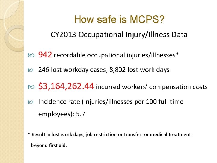 How safe is MCPS? CY 2013 Occupational Injury/Illness Data 942 recordable occupational injuries/illnesses* 246 How safe is MCPS? CY 2013 Occupational Injury/Illness Data 942 recordable occupational injuries/illnesses* 246