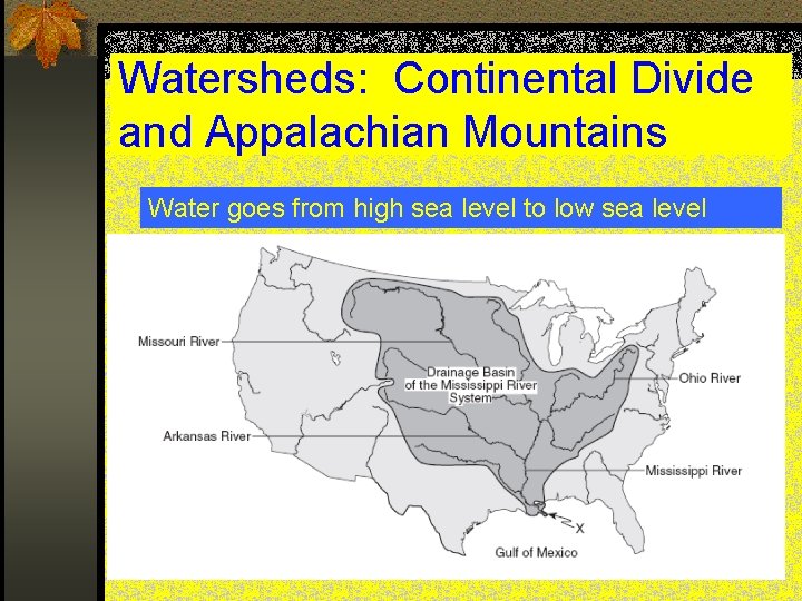 Watersheds: Continental Divide and Appalachian Mountains Water goes from high sea level to low