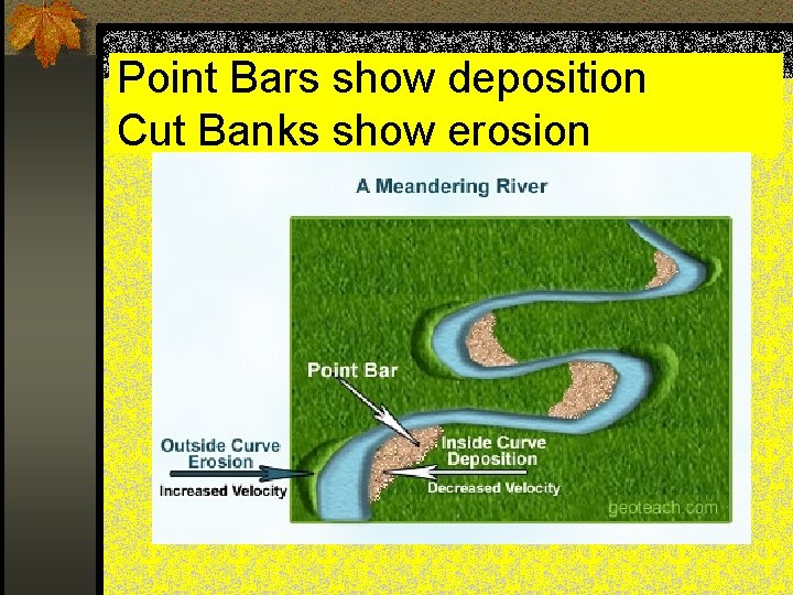 Point Bars show deposition Cut Banks show erosion 