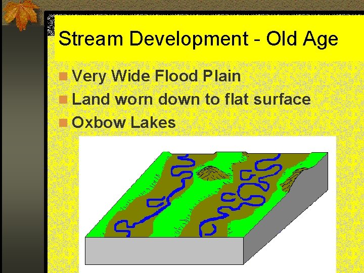 Stream Development - Old Age n Very Wide Flood Plain n Land worn down