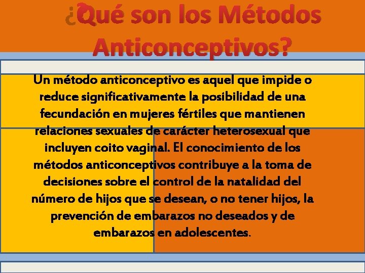 ¿Qué son los Métodos Anticonceptivos? Un método anticonceptivo es aquel que impide o reduce