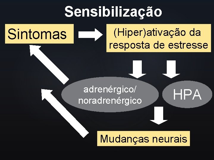 Sensibilização Sintomas (Hiper)ativação da resposta de estresse adrenérgico/ noradrenérgico HPA Mudanças neurais 