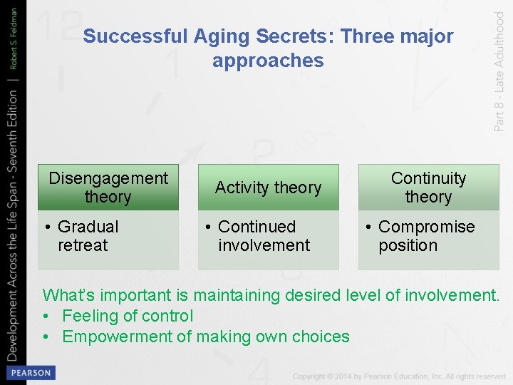 Successful Aging Secrets: Three major approaches Disengagement theory • Gradual retreat Activity theory •