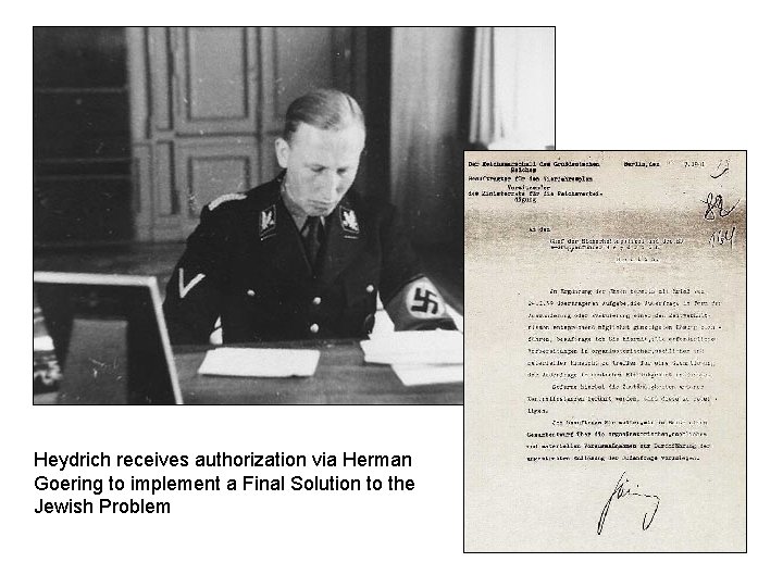 Heydrich receives authorization via Herman Goering to implement a Final Solution to the Jewish