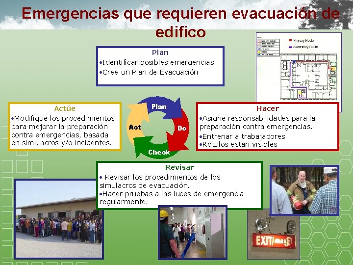 Emergencias que requieren evacuación de edifico Plan ·Identificar posibles emergencias ·Cree un Plan de